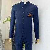 Safari Suits for Men with Stand Collar 2 Piece Triple Layer Formal Jacket Pants Custom Wedding Tuxedo African Groom Costume 2023 Navy Blue